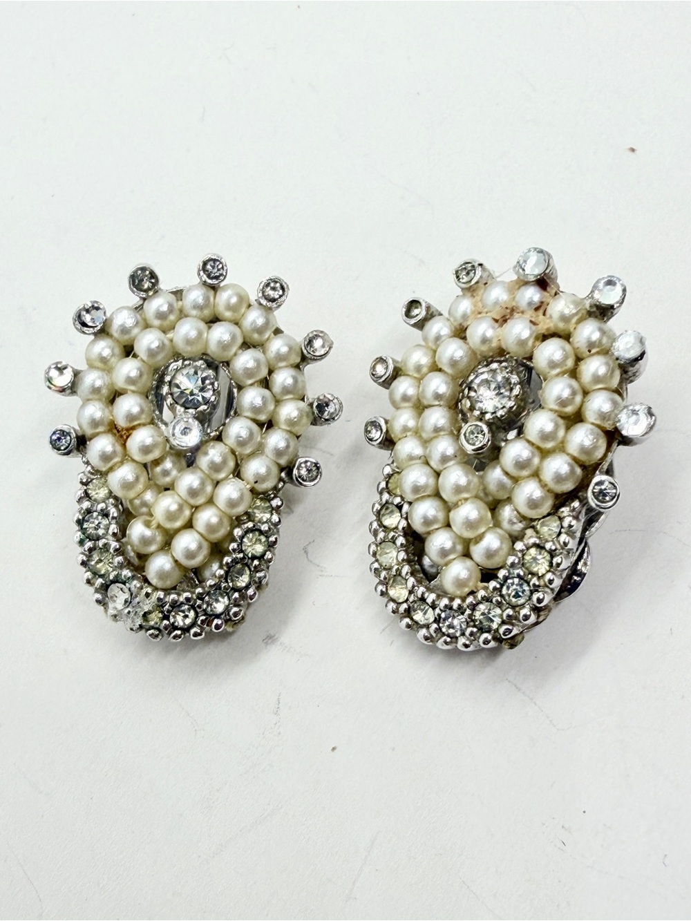 Vintage Ciner Faux Pearl Clear Rhinestone Crystal Silver Tone Clip On Earrings
